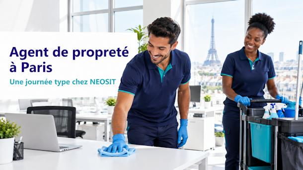 Agents de propreté NEOSIT au travail dans des bureaux à Paris